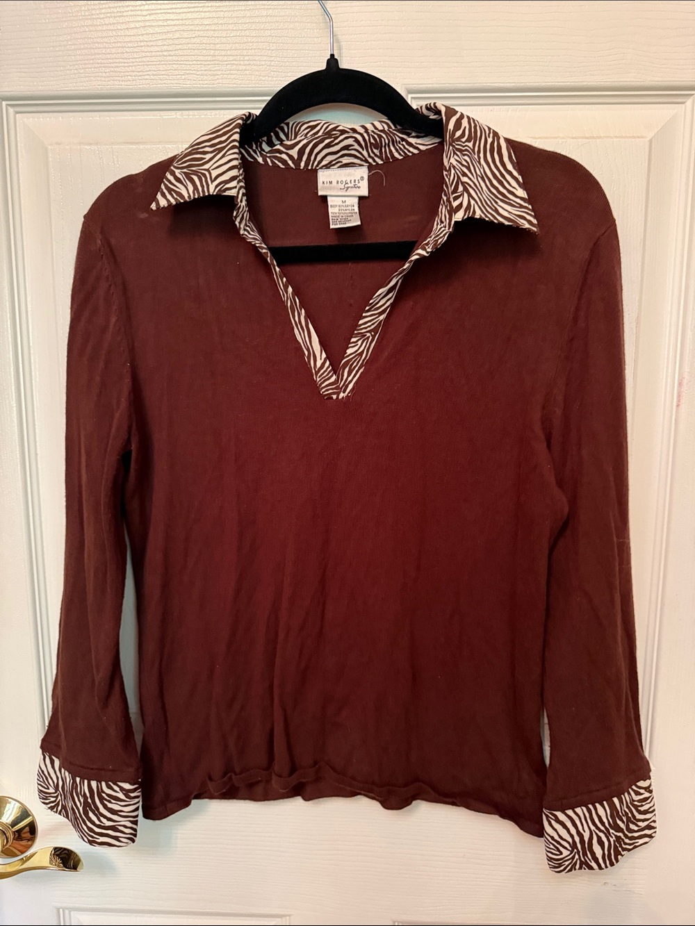 Kim Rogers Brown Long-Sleeve Top with Zebra-Print Collar & Cuffs
